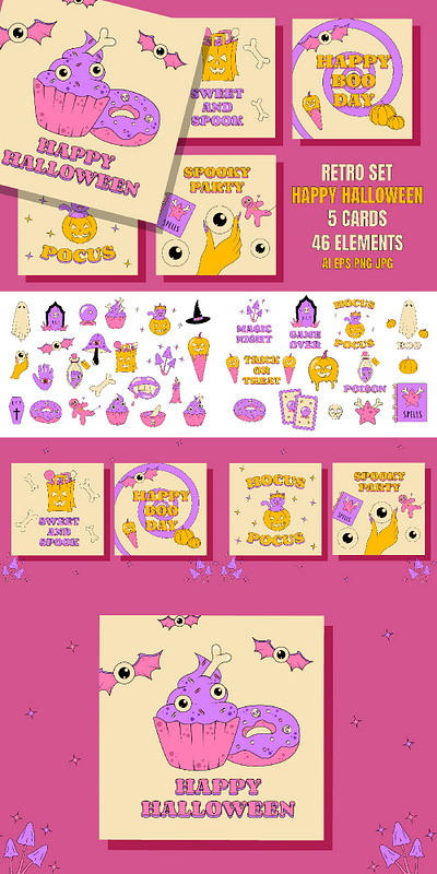Halloween Cards and Stickers card creepy groovy halloween happy illustration magic magical post psychedelic pumpkin purple retro set sticker tatto vintage