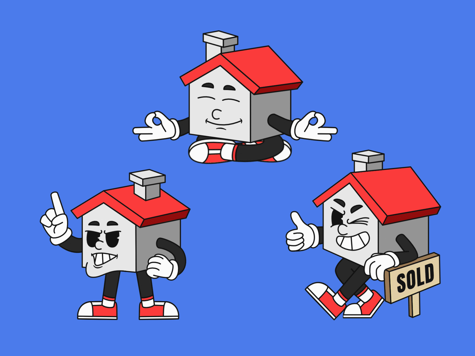 Retro Home Mascot 🏠🏘️ black branding business character design design gif grey home house illustration lofi logo lottie marketing mascot red retro seller sneaker vector