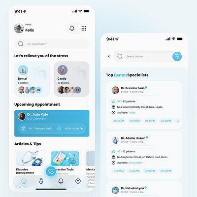 Patient Dashboard [Hospital App] app inspiration app screen branding defi inspiration design doctors dashboard glass design glassmorphism hospital app screen inspiration light mode screen patient dashboard search screen soft ui specialist app ui ui design web2 hospital design web3 web3 design