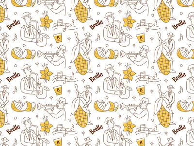 Brella Jazz Club Pattern branding brella cool corn doublebass fun illustration jazz jazzclub jazzman mocktail music note orangezest pattern saxophone syrup trumpet umbrella vanilla