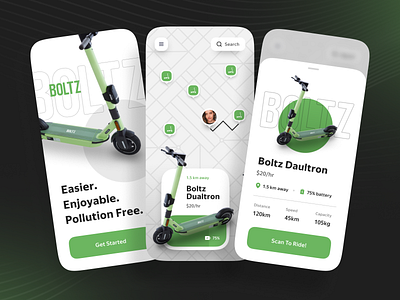 Boltz - eScooter App UI app design application bike bolts design ebike escooter mobile app design pollution free rent ebike rent escooter ride scan ebike ui ui design uiux