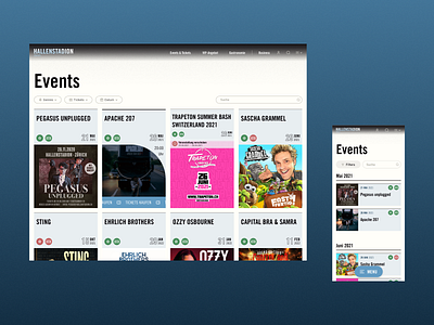 HALLENSTADION / events category design event events filter hover interaction interactive design search tile ui webdesign website
