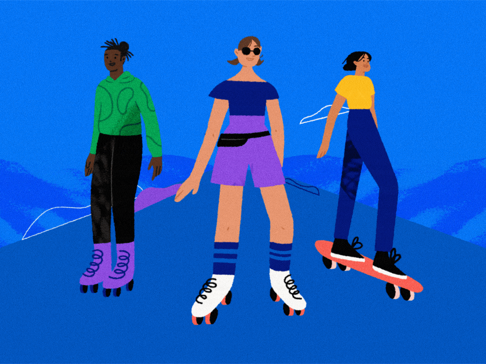 Skaters 🛼 New portfolio update 2d animation breakdown character character animation gif girl grain illo illustration motion motion graphics noise roller skate sketch