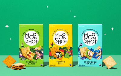 Moonshot Crackers branding bright colorful design illustration packaging regenerative agriculture snack brands sustainability sustainable brands