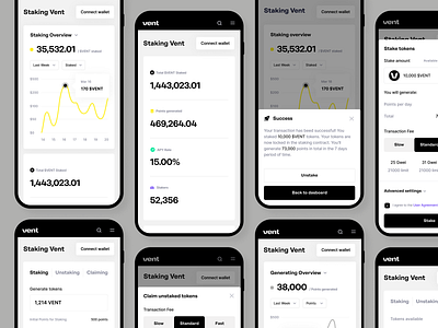 Vent App – Staking Dashboard Mobile bazen agency bitcoin blockchain crowdfunding crowdfunding platform crypto crypto app crypto wallet defi design system eth finance financial management fintech grid uiux vent website design