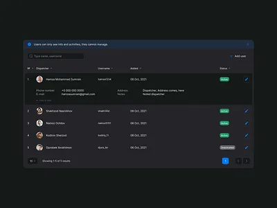 Users page dark version dark dashboard fleet product design ui ux