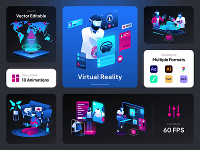 Virtual Reality Lottie Animations after effects animation augmented reality branding graphic design header hero illustration illustration isometric landing page lottie metaverse mixed reality motion graphics svg animation ui uidesign uiux virtual reality website