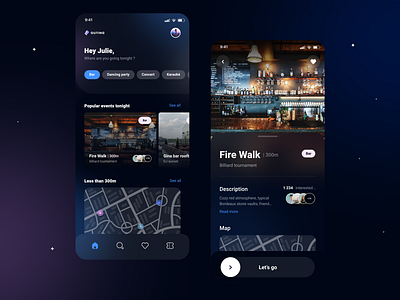 Event app finder 🔥 bar bar finder branding colors dark darkmode design drink event event app event app finder events app locations logo map mobile app night ui ux