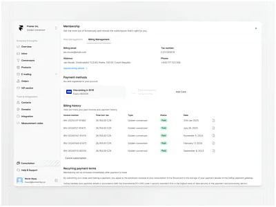 Membership 🫂 billing billing managment button design clean ui design system dropdown membership plan managment plans saas settings table ui kit