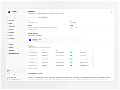 Membership 🫂 billing billing managment button design clean ui design system dropdown membership plan managment plans saas settings table ui kit