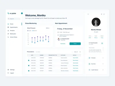 e-pulse : Personal Health Record appointment blood pressure clean design dashboard doctor appointment flat design health health dashboard health record health system hospital hospital system medical medical app medical dashboard medication minimal minimalism personal health table