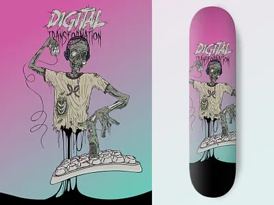 Digital Transformation Zombie Developer Skateboard Deck art artwork collectible cyberpunk deck decor digital drawing halloween illustration limited edition pink poster skate skateboard teal transformation vector wall art zombie