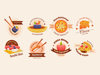 Food & Drink Gradient Label Collection Food asian background branding cheese colorful cuisine design drink food graphic design illustration italian japanese label pizza promotion restaurant sticker sushi vector