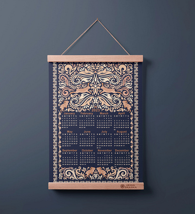 CALENDAR 2023. Ornament & Rabbits calendar 2023 ornament rabbits symmetrical pattern textile design wall hanging