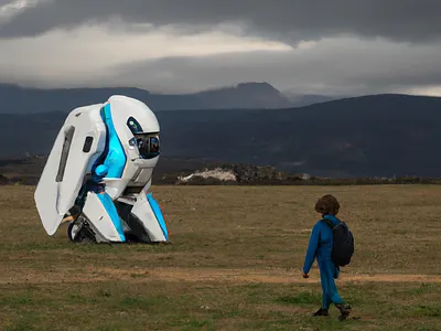 Going to school in the year 2050 illustration kid photorealistic robot