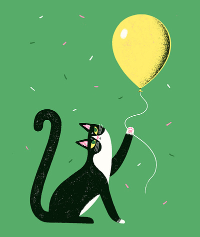 Cat and Balloon art licensing birthday card cat digital art greeting card illustration