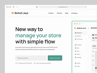 Berkah - CRM Service Landing page animation chart clean concept costumer relationship management crm dashboard interaction landing landing page marketing order product sales service software ui web app web design website