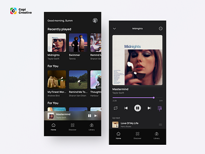 Music Player - Mobile App UI Concept app audio player capi creative design mobile mobile app music musicplayer playlist songs ui uidesign