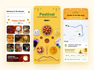 Festive Designs - Blinkit Mobile Application app blinkit card clean design diwali festive graphic design grofers illustration order track splash ui yellow