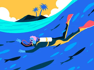 Diver blue character dive diver fish illustration island man nature ocean sea water