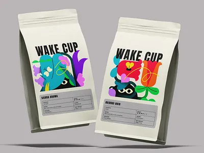 Wake Cup Coffee - Brand Identity brand design brand illustration branding cartoon style illustration coffee coffee cups coffee packaging coffee shop colorful design dessert flat illustration logo logotype package packaging playful vector visual identity