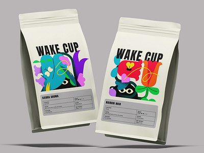 Wake Cup Coffee - Brand Identity brand design brand illustration branding cartoon style illustration coffee coffee cups coffee packaging coffee shop colorful design dessert flat illustration logo logotype package packaging playful vector visual identity