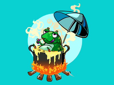 Relax time characterdesign food frog illustration relax soup time vector