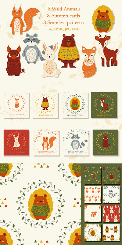 Set of Cute Autumn Wild Animals animals autumn boar cute forest greeting card illustration rabbit seamless pattern vintage wild