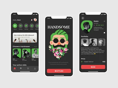 Barbershop mobile app (iOS) a haircut barbershop beard beauty design hairdresser ios men mobile online salon ui ux uxui