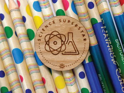 Science Superstar - Achievement badge achievement badge badge beaker classroom design education laser laser cut laser engraved pin science test tube