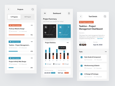 Task Management Mobile App - Tasktion app app design clean dashboard management minimalist mobile plan progress bar project project list project management saas statistics task task management app team time tracking ui ux