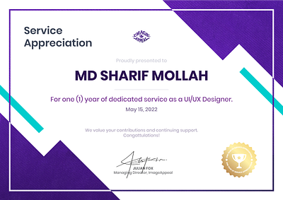 One year anniversary at "image appeala" as a ux/ui designer branding certificate certificate design creative certificate design flat logo graphic design illustration logo logo design ui ux vector