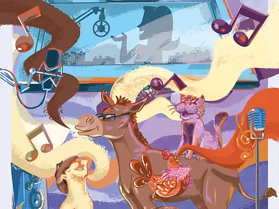 Saltimbancos Radio bremen cat chicken dog donkey illustration poster radio singing