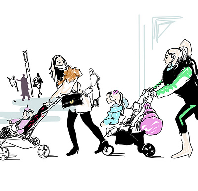 Vector illustration, two fashionable young mothers with girls ru baby caricature cartoon child design fashion gossip illustration mom parents realistic sale shopaholic shopping sketch vector