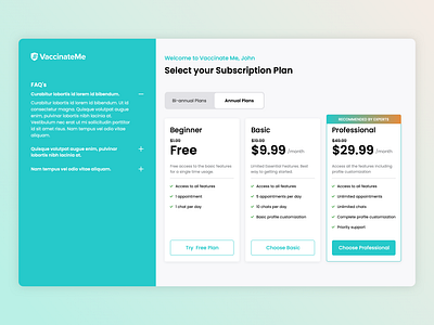 Vaccinate Me - Subscription plan healthcare plans subscription ui ux web design