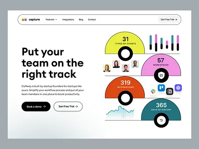 Capture: saas, team management, startup, webflow analytics clean collaboration data design feedback home page identity landing page meetings minimal modern product page saas tool ui web webflow webpage workspace