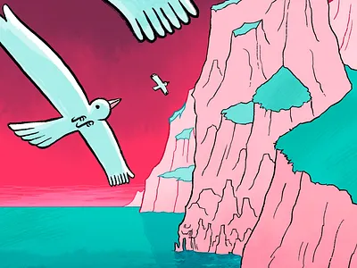 Gulls Along the Coast cartoon digital drawing illustration pink