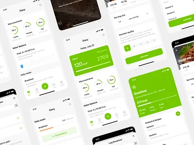 Nutrition Tracker App Dietly Diary app application calories design diet flow food health interface ios lunch meal mobile nutrition onboarding ui ux