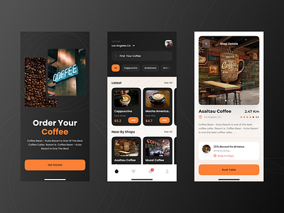 ☕ Coffee Shop - Apps app branding coffee coffee app coffeeshop dark darktheme design mobile orange shopfinder ui uiux uiuxarunsingh