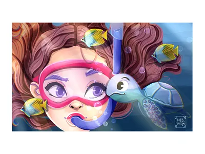 Under water cartoon cartoon girl cartoon illustration fish girl illustration summer summer vibes turtle water