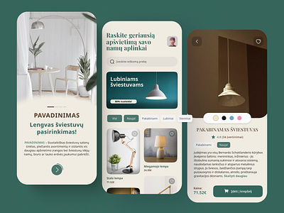 Elegant mobile app design - lamp products e-commerce android android design android ui e commerce elegant green home lamp store minimalistic mobile design mobile ui mobile ux product product card store ui ui design user experience user interface ux