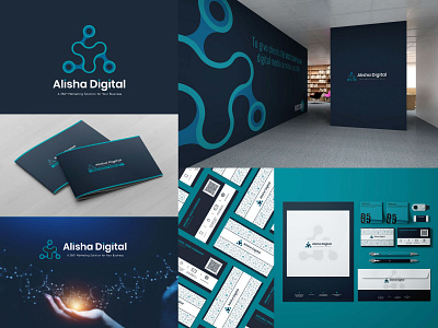 Alisha Digital Agency agency blue brand guideline branding business card design digital agency digital illustration icon illustration illustration digital logo minimal office branding stationary vector