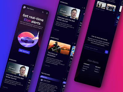 Mobile website for Elon alerts alert cyber dark design elon musk flat graphic design landing minimal mobile pink product purple tweet twitter ui ux vibrant web app website