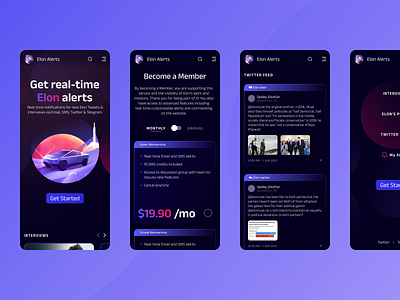 Elon alerts web app alert cyber dark design elon musk flat landing minimal mobile page pink purple real time tweet twitter ui ux vibrant web app website