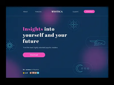 Landing page design - Mystica application astrology block ui branding dark theme design download button graphic design hero section illustration landing page logo noise social proof tarot ui ux web design website