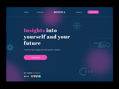 Landing page design - Mystica application astrology block ui branding dark theme design download button graphic design hero section illustration landing page logo noise social proof tarot ui ux web design website