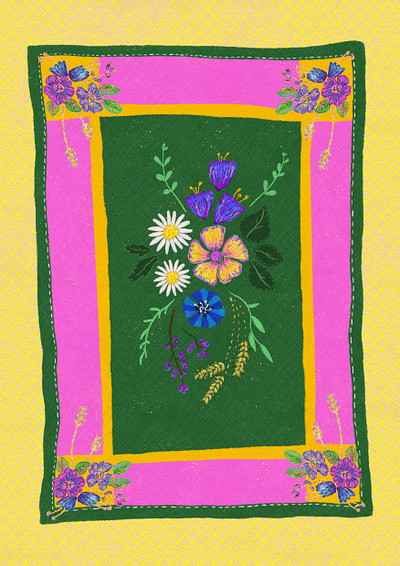 Muhu Blanket Illustration autumn cozy cozy times embroidery floral floral illustration flowers folk art illustration island life neon pink procreate procreate art stitching textile art wool blanket