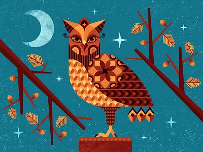 Owl 2d abstract adobe illustrator animal autumn cosy design fall geometric graphic design illustration leaves moon nature night owl pattern texture tree vector