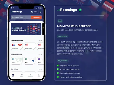 Roamingo App app appui banners design esimapp marketing mentoring roamingapp tutoring ui uiux uiuxdesign ux