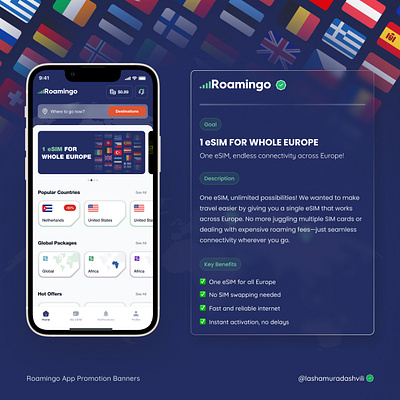 Roamingo App app appui banners design esimapp marketing mentoring roamingapp tutoring ui uiux uiuxdesign ux